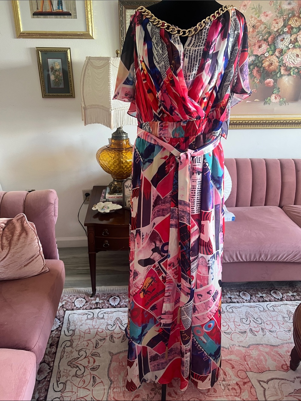 Fashion Nova Pink and Red Pleated Maxi Dress